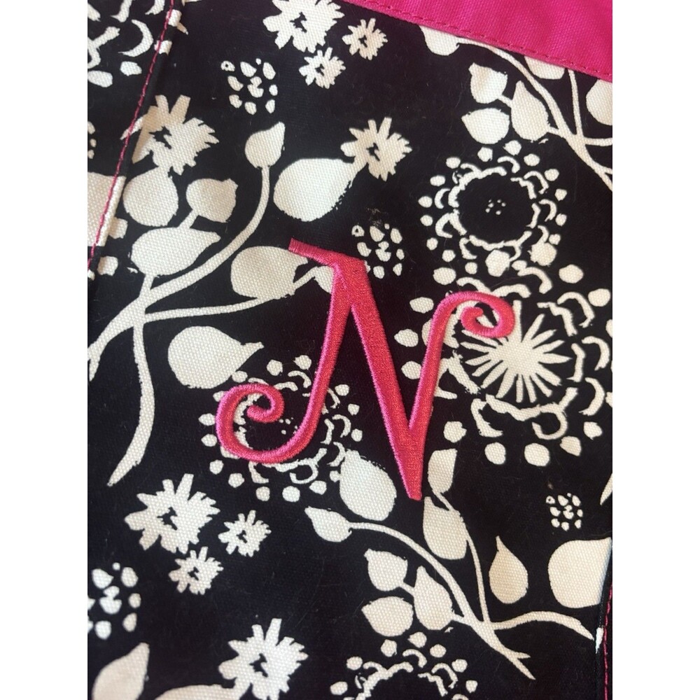 Thirty-One Large Black White Pink Canvas Floral Swirls Monogram N Purse Tote Bag - Picture 3 of 13